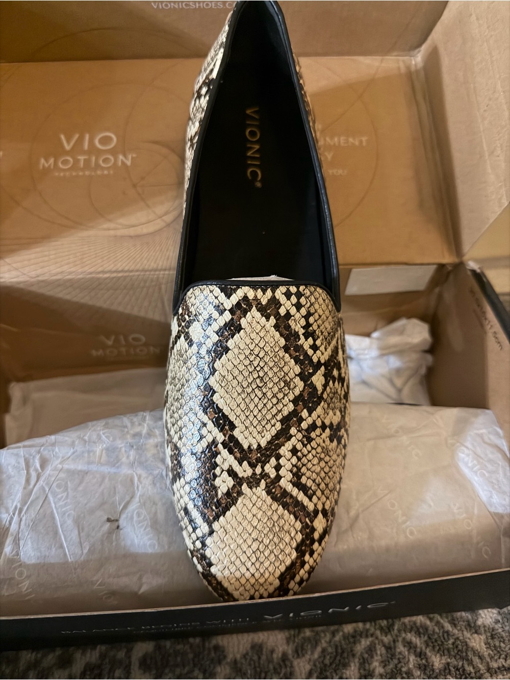 Vionic Snake-Print Slip-On Loafer in Black and Beige